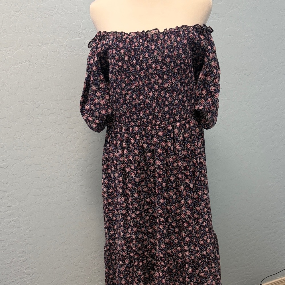 Lauren Conrad Smocked Navy Midi Dress with Pink Floral Print